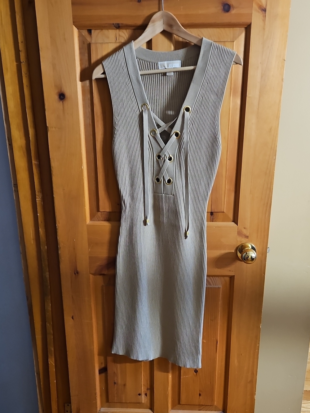 Michael Kors Beige Ribbed Lace-Up Sleeveless Knit Mini Dress